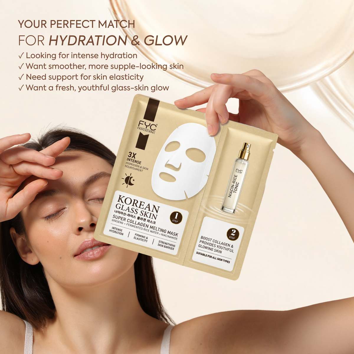 FYC Professional Korean Glass Skin Super Collagen Melting Sheet Mask Pack of 2 (2 Masks + 20 ml Tonic)