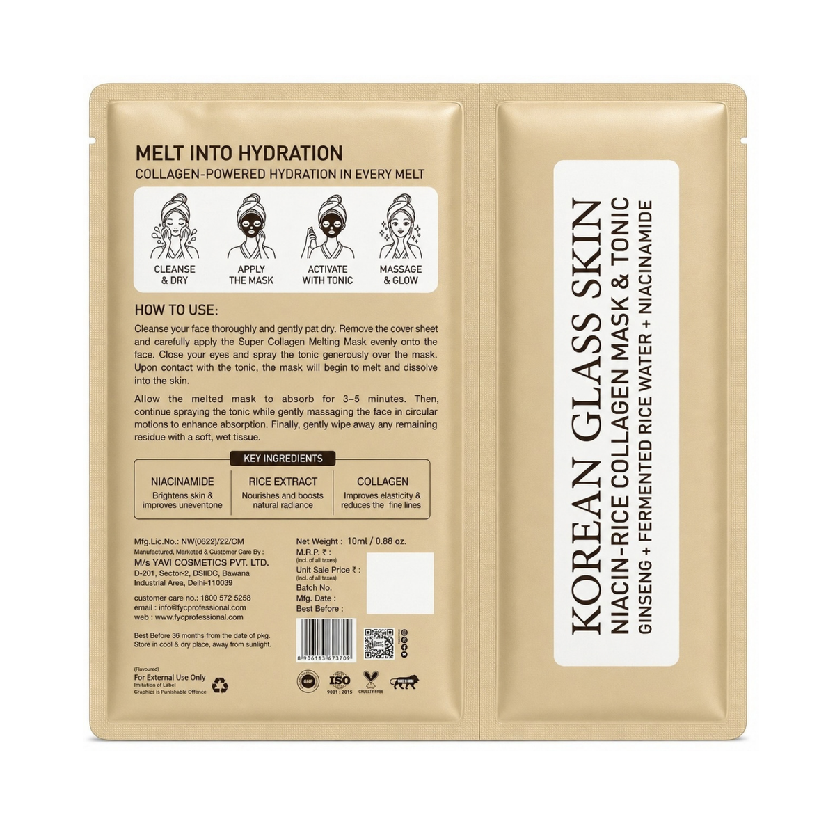 FYC Professional Korean Glass Skin Super Collagen Melting Sheet Mask with Tonic, Niacinamide, Fermented Rice Water & Ginseng, Hydrating Face Mask for Radiant-Looking Skin, 1 Mask + 10 ml Tonic