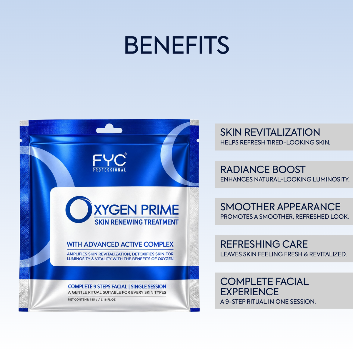FYC PROFESSIONAL Oxygen Prime 9-Step Facial Kit with Niacinamide & Hyaluronic Acid – Pack of 5 (925 g)