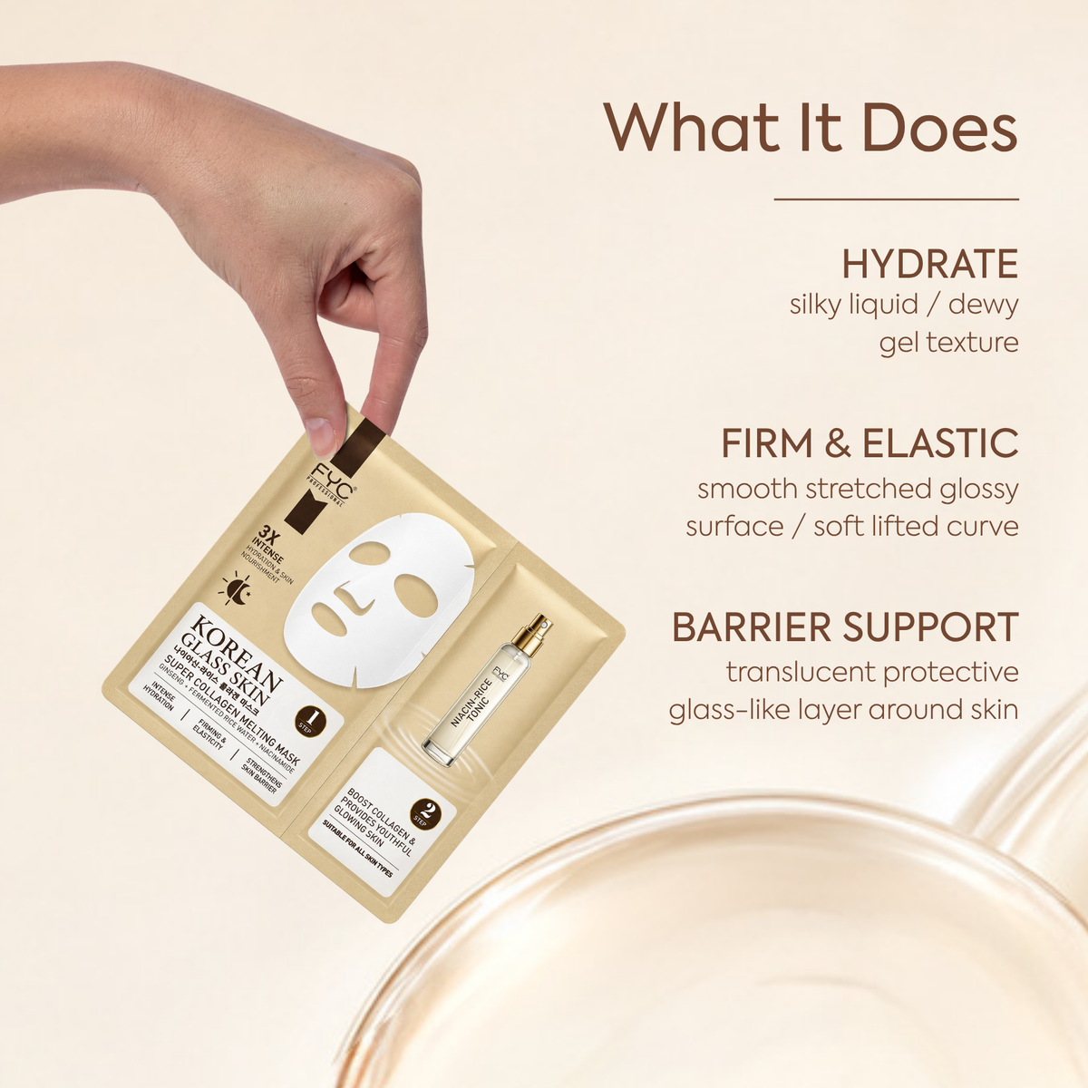 FYC Professional Korean Glass Skin Super Collagen Melting Sheet Mask with Tonic, Niacinamide, Fermented Rice Water & Ginseng, Hydrating Face Mask for Radiant-Looking Skin, 1 Mask + 10 ml Tonic